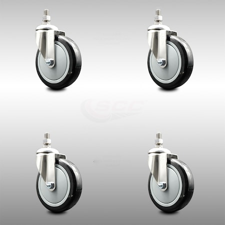 Service Caster 5 Inch 316SS Black Polyurethane Wheel Swivel 3/8 Inch Threaded Stem Caster Set SCC-SS316TS20S514-PPUB-BLK-381615-4